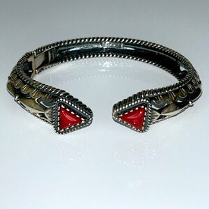 Carolyn Pollack Genuine Red Coral Sterling Silver Hinged Bangle Bracelet